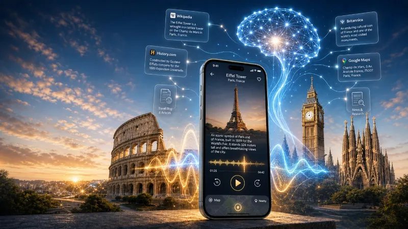 Smartphone app showing real-time AI narration with glowing data streams connecting to famous monuments