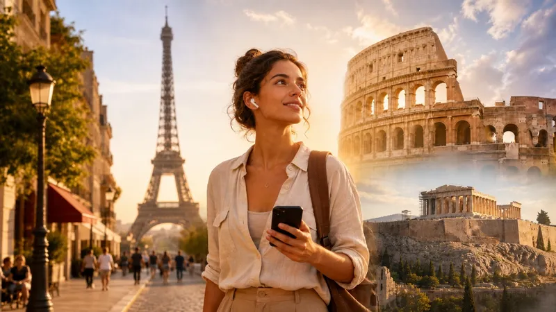 Woman listening to audio guide while visiting famous landmarks